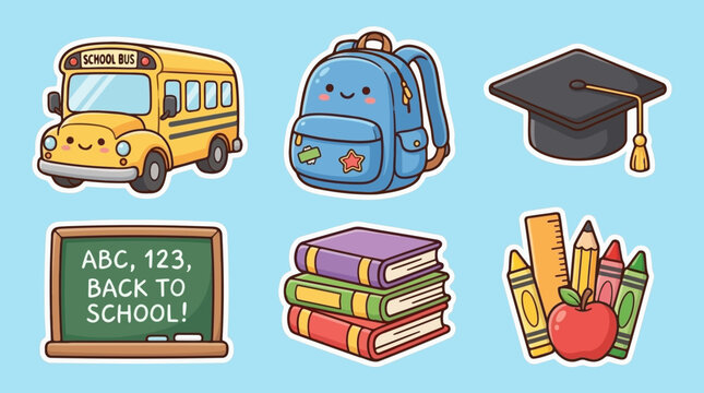 Cute School Supplies Icons: Bus, Backpack, Cap, Books, Blackboard, Crayons, Apple