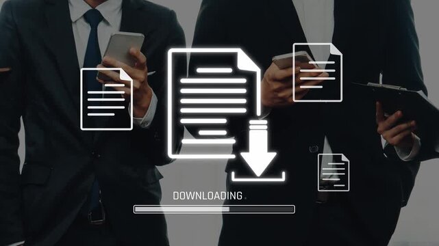 Business professionals in formal attire are actively engaged in a document downloading process, using smartphones and tablets, showcasing modern collaboration in a corporate setting. Raster
