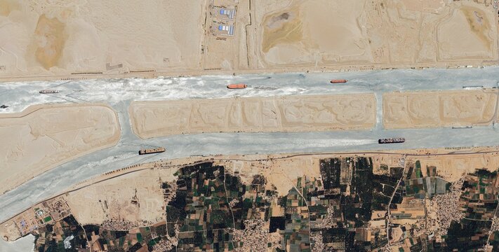 Overhead View of Suez Canal Ship Convoy Egypt