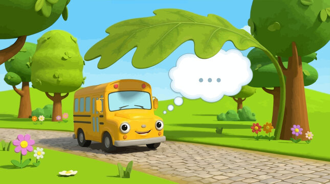 Cartoon Yellow School Bus Driving on a Sunny Day in a Green Landscape