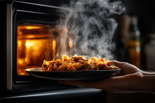 Human hands close up taking heated food on plate out of a modern microwave background.
