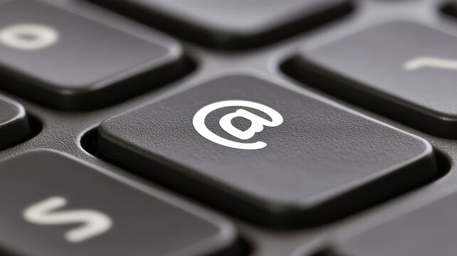 Close up of at symbol key on black computer keyboard for digital communication and electronic mail messaging concept photography.