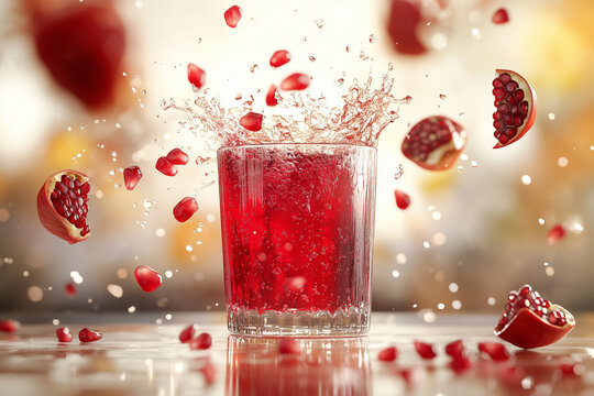 Freshly squeezed pomegranate juice in a glass on the table and pomegranate slices falling from above close up background.