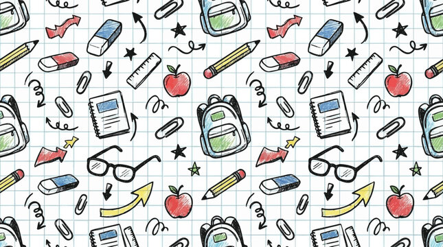 Back to School Seamless Pattern: Backpacks, Books, Pencils, Erasers, Glasses