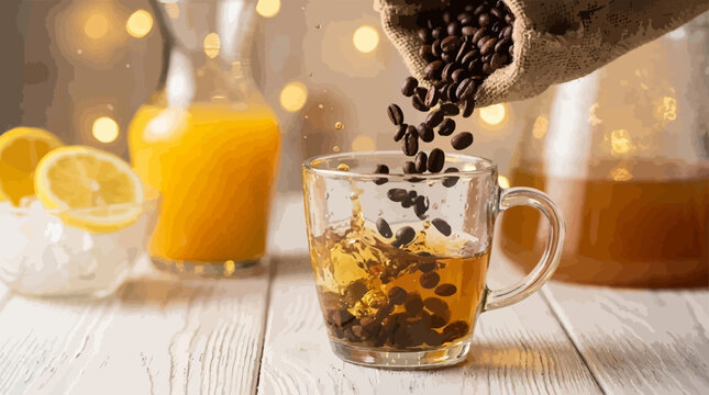 Coffee Beans Pouring into Tea Cup with Lemon and Orange Juice Background