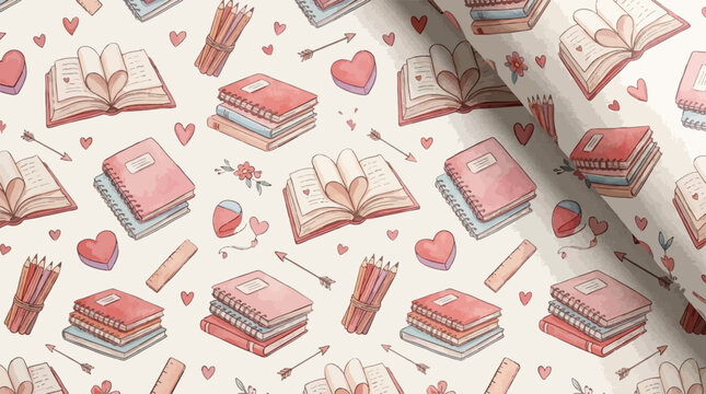 Watercolor Books and Hearts Pattern - Education, Love, Reading, Study