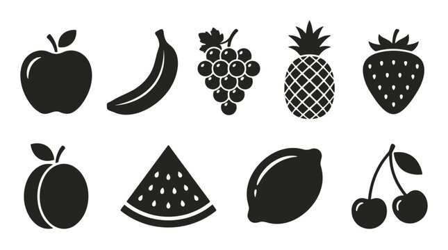 Variety of Fresh Fruits Silhouettes - Apple, Banana, Grapes, Pineapple, Strawberry, Plum, Watermelon, Lemon, Cherry
