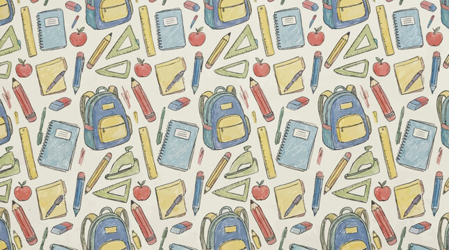 Seamless Pattern of School Supplies, Backpacks, Notebooks, Pencils, Rulers, and Apples