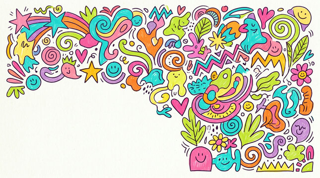 Colorful hand-drawn abstract doodles and swirls seamless pattern illustration