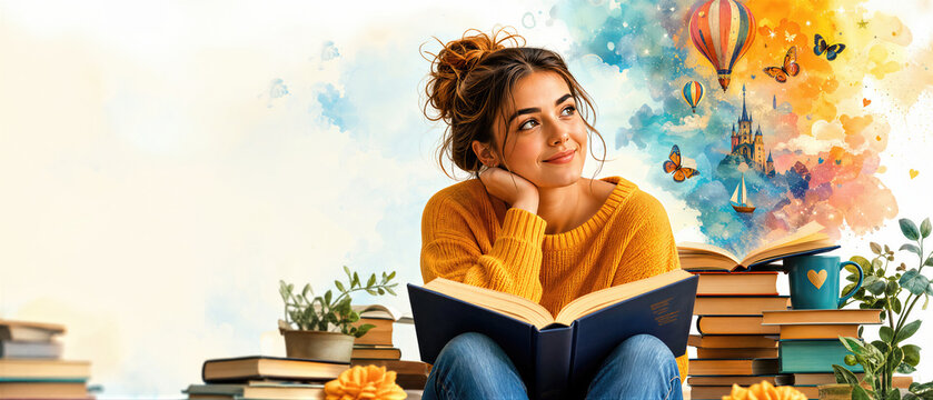 Woman reading book and imagining fairy tale world. Young girl student enjoying literature with colorful watercolor fantasy elements. Banner with copy space