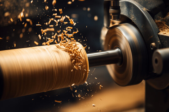 Milling wood on a lathe in close up background.