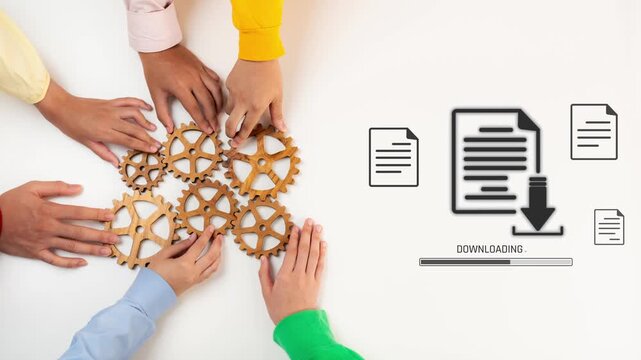 Diverse hands come together to arrange gears while digital file icons suggest a downloading process, symbolizing teamwork and collaboration in a modern workspace. Raster