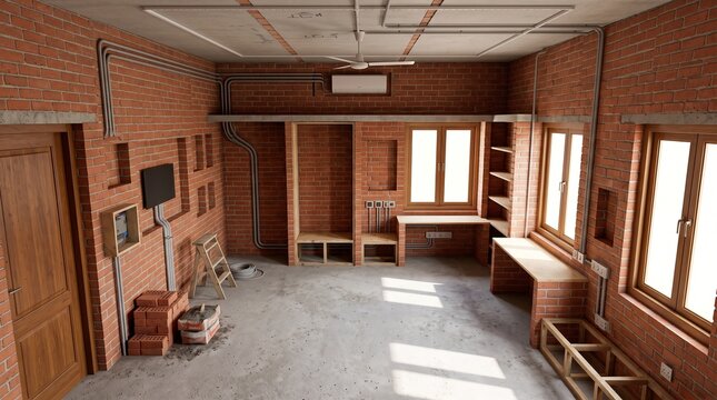 Interior view of a room under construction with red exposed brick walls, electrical conduit piping, wooden framing for built-in furniture, large windows, and a concrete floor.