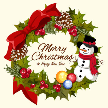 Christmas wreath illustration with holly leaves, snowman, red ribbon bow, pinecones and ornament baubles, Merry Christmas and Happy New Year greeting design isolated