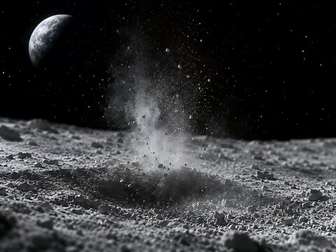 A dramatic depiction of a meteor impact on the lunar surface, with debris scattering against the backdrop of Earth.