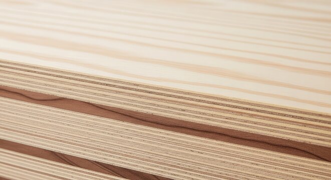 A detailed close up of stacked plywood boards inside an indoor construction workshop, highlighting natural wood grain and layered edges, panel, industrial, indoor