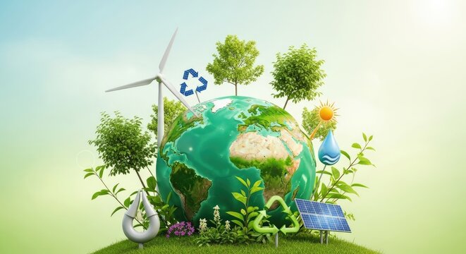 A vibrant illustration depicts the Earth surrounded by elements of sustainability.