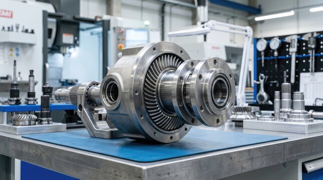 A large, polished stainless steel differential sits on a blue workbench in a modern industrial setting. Robotic arms are positioned nearby, suggesting a manufacturing or engineering environment.