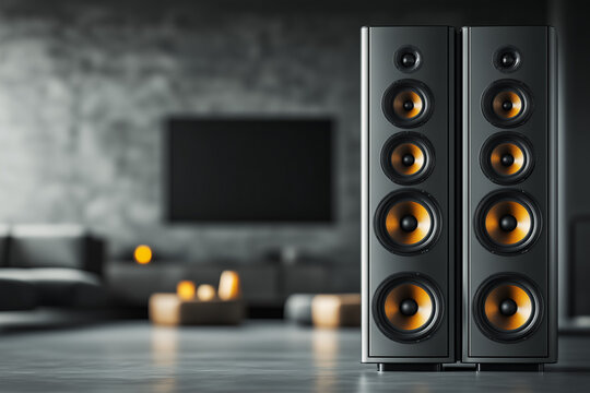 Modern powerful stereo speakers audio system on background of minimalist interior.