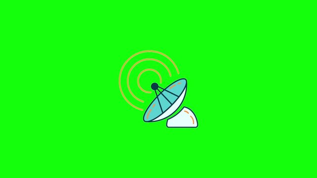 A clean cartoon satellite dish with a blue parabolic reflector, white base, and black LNB is centered on a solid bright lime green background in vibrant vector style. 