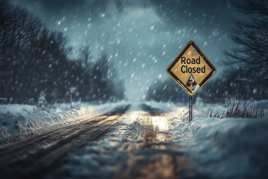 Old road sign with inscription road closed on snow covered road with snowdrifts background.