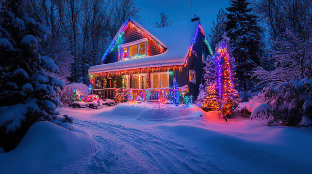 House decorated with vibrant multi-colored Christmas lights stands nestled in a snow-covered landscape during a quiet winter night.