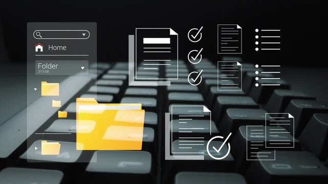 Digital Workspace Concept Showcasing File Organization and Management on a Modern Keyboard with Interactive Interface Elements Gluon.