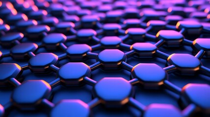 Obraz premium Abstract hexagonal grid pattern featuring neon purple and blue light reflections on metallic surface background texture design.