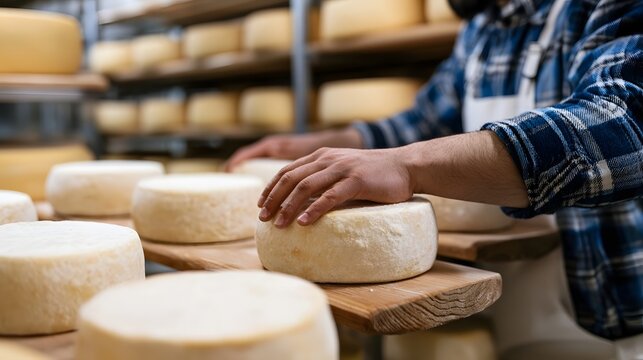 A person carefully handling round cheese wheels on wooden boards in a storage room filled with more cheese