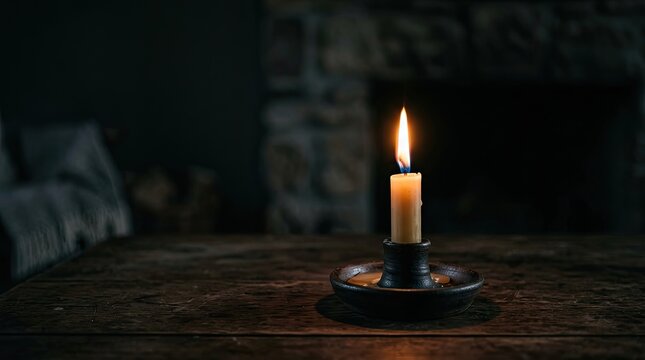 A single candle burns brightly on a dark wooden table.