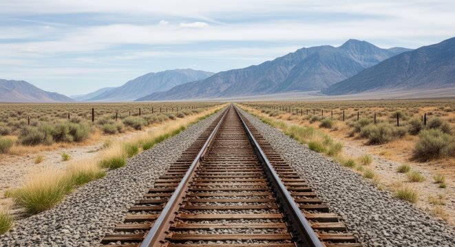 A long railway track stretches into the distance, disappearing over a vast, arid plain. The track is bordered by sparse, dry vegetation and a weathered fence.