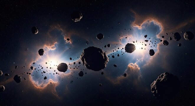 A vibrant nebula explodes with intense light, scattering numerous asteroids and space rocks across a dark, expansive space.