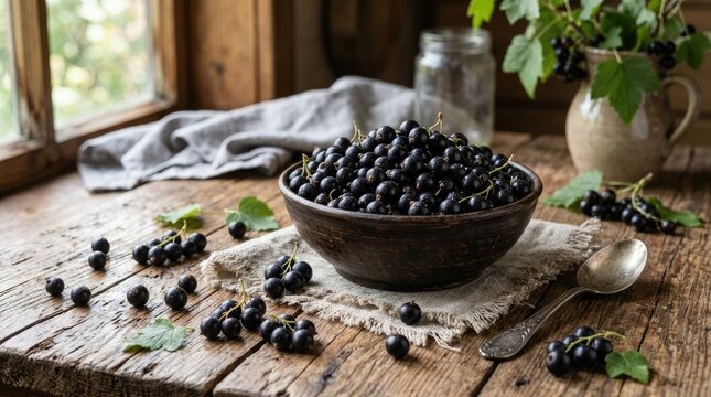 A rustic bowl overflows with dark black currants on a weathered wooden table. A linen cloth and a vintage spoon rest upon the table.