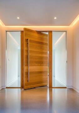 A sleek modern entryway featuring a large natural wood pivot door, polished concrete floors, minimalist glass panels, and warm lighting, wood, entranceway, luxury
