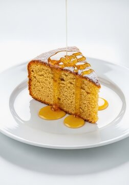 A slice of golden honey cake rests on a white porcelain plate, drizzled with sweet nectar and dusted with fine sugar in a bright setting, syrup, nectar, breakfast