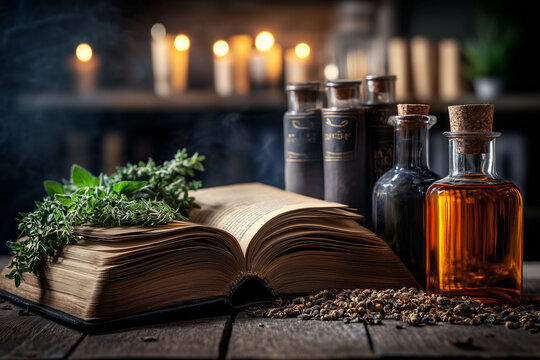 An old book of healing herbal decoctions and recipes on a herbalist table background.