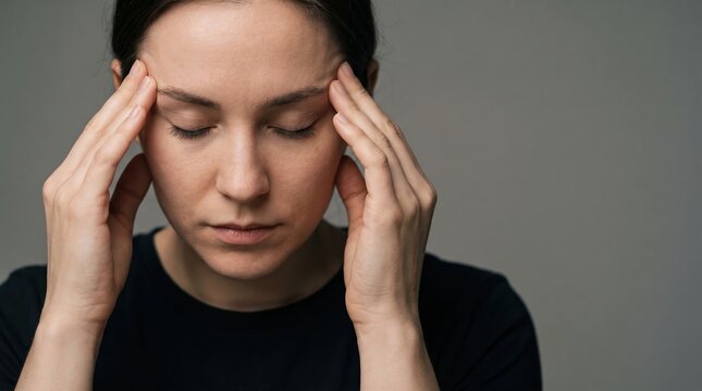 Close-Up of Woman with Eyes Closed Touching Both Temples Representing Relief and Meditation