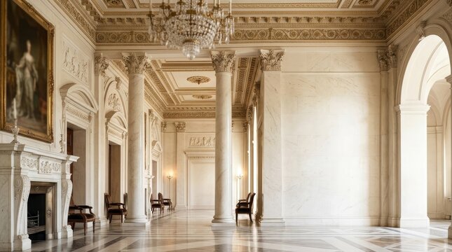 A grand, opulent hallway in a stately building. Marble columns and walls create a sense of vastness and formality.