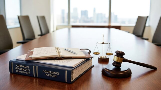 A wooden conference table sits in a modern office, with a stack of books on corporate governance and compliance policies, a gavel, and scales of justice placed on top.