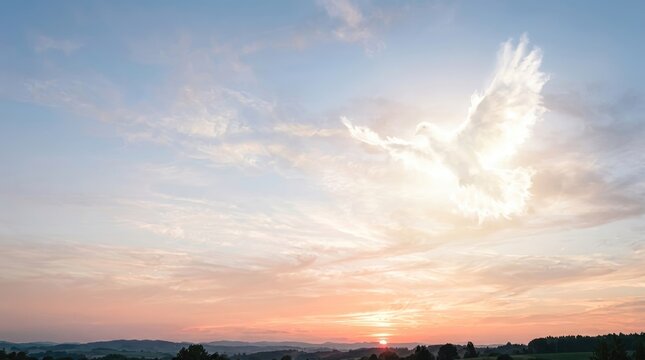 A radiant sun sets over a distant landscape, casting a warm glow across the sky. A majestic angel with outstretched wings is depicted in the sky, illuminated by the sunset.