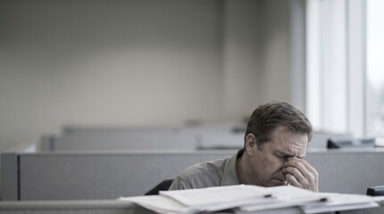 Obraz premium Man Pinching Nose Bridge Over Stack of Documents Representing Headache and Overwork