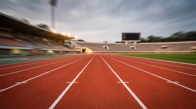 A blurred photograph captures a long, red running track stretching into the distance. The track is marked with white lines.