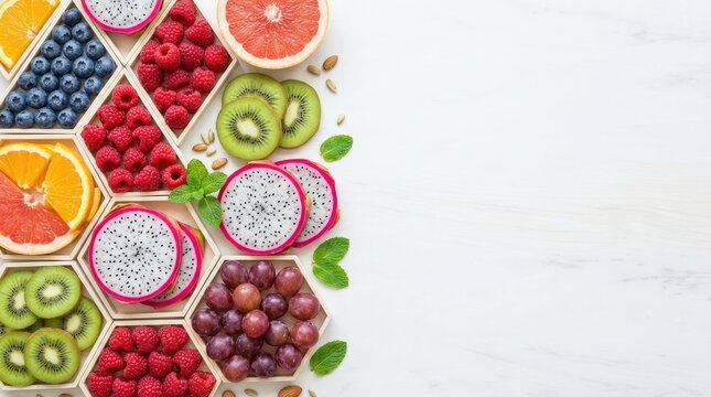 A vibrant assortment of fresh fruits is arranged in a geometric pattern on a white wooden surface.
