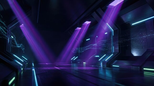 Purple laser beams cut through a dark, futuristic corridor. The corridor features geometric walls and glowing blue and green lines.