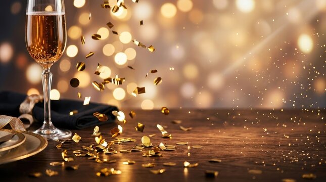 A champagne flute filled with sparkling wine sits on a dark wooden table, surrounded by golden confetti.