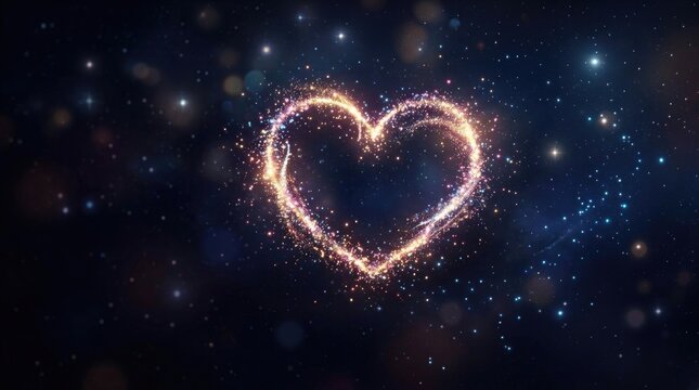 A glowing heart shape is formed by sparkling light trails against a dark, starry background. The heart radiates a warm, golden hue, creating a magical and romantic atmosphere.