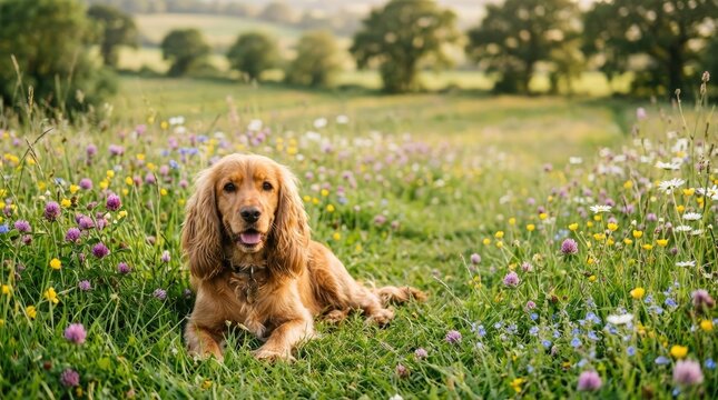 A golden cocker spaniel rests peacefully in a vibrant wildflower meadow. The dog is lying down, looking directly at the camera with a relaxed expression.