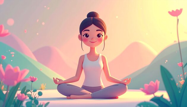 Cartoon woman character sitting in meditation yoga pose peacefully, illustration representing mindfulness, wellness practice and mental health relaxation concept