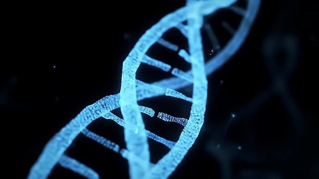 Digital blue DNA strand with nodes on black background.