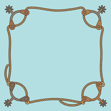 Western rope frame with metal spurs on blue background